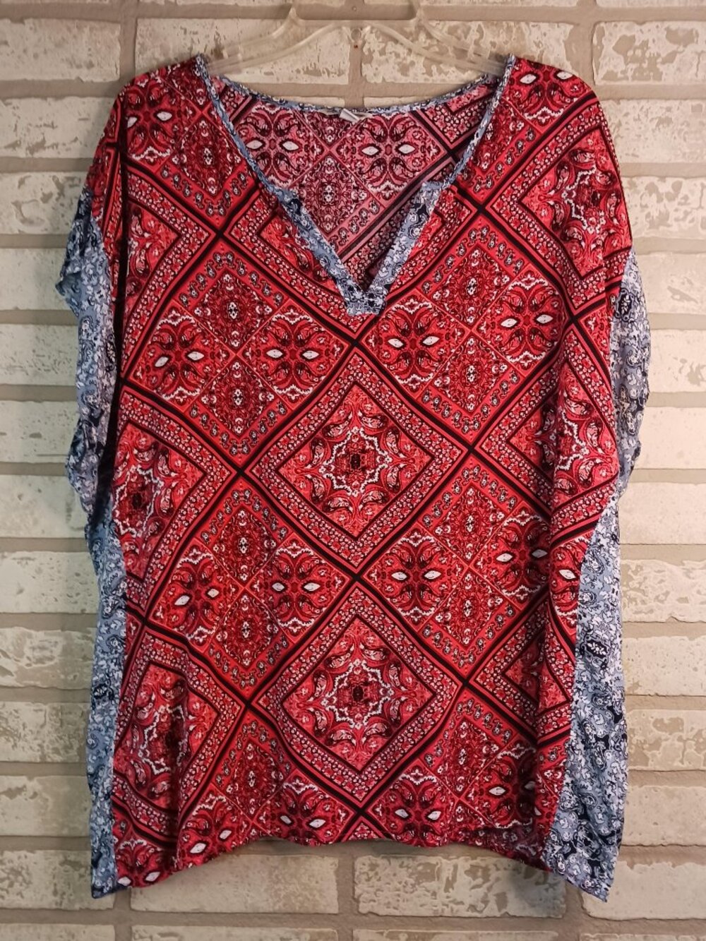 Cato Womens 18/20 W Blouse Paisleys Red White & Blue Short Sleeve Top
